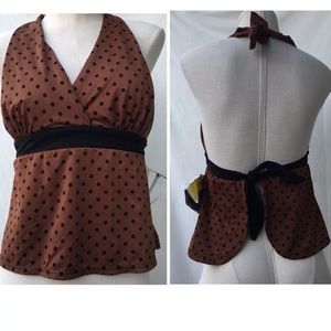 Longitude Brown Black Polka Dot Tankini Top sz 12